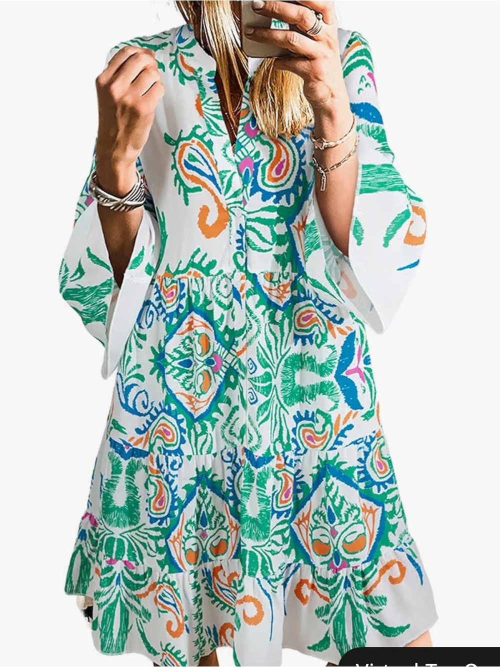 Boho Floral Printed White Swing Dress - Multi